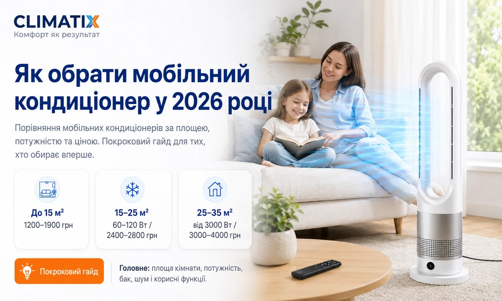 Мобільний кондиціонер у вітальні — жінка з дитиною насолоджуються прохолодою